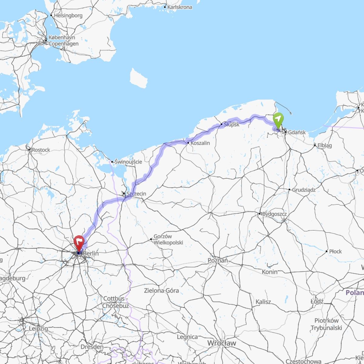 Route map from Gdańsk Airport (GDN) to Berlin