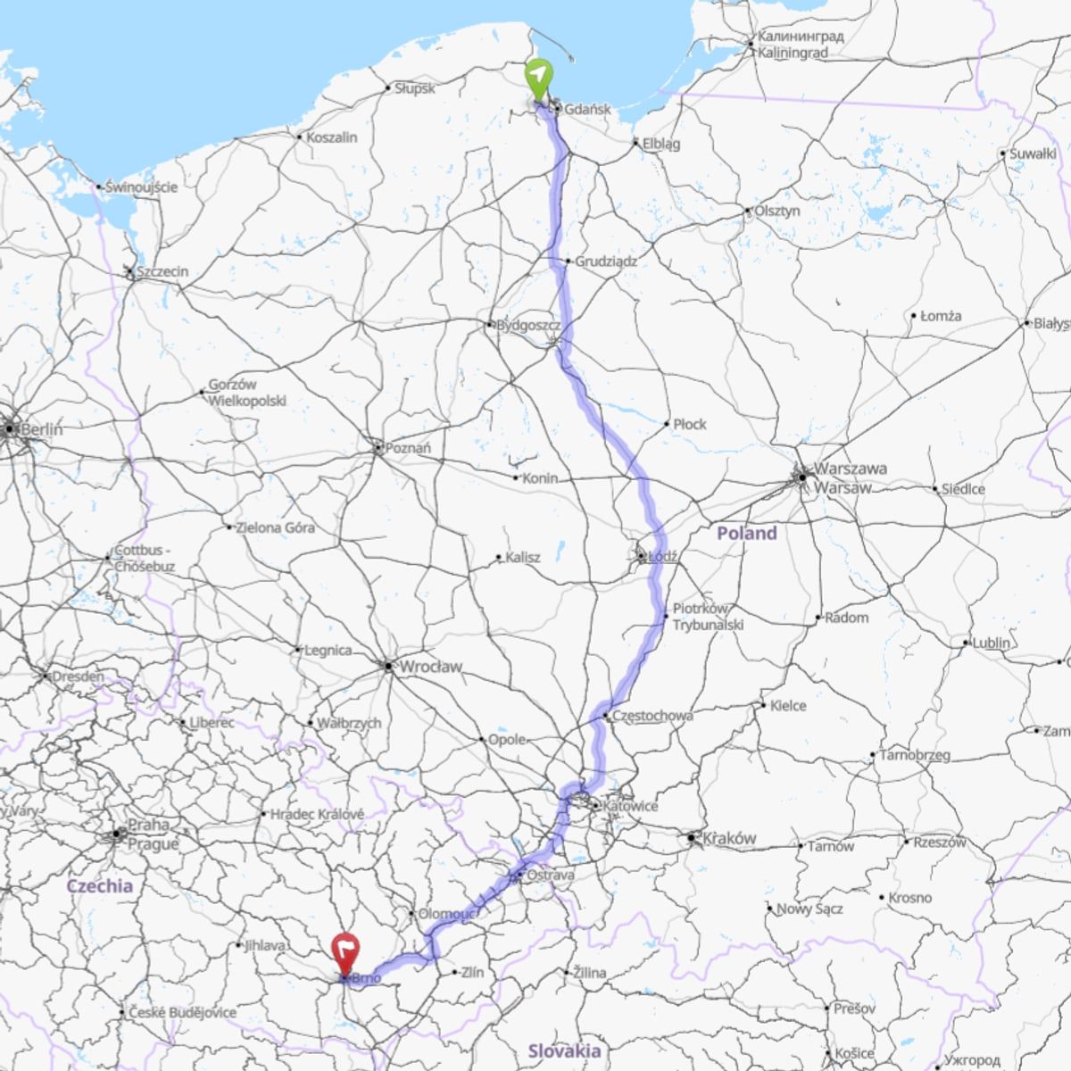 Route map from Brno to Gdańsk Airport (GDN)