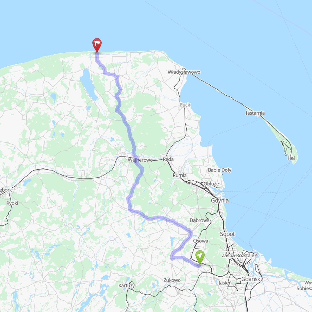 Route map from Gdańsk Airport (GDN) to Dębki