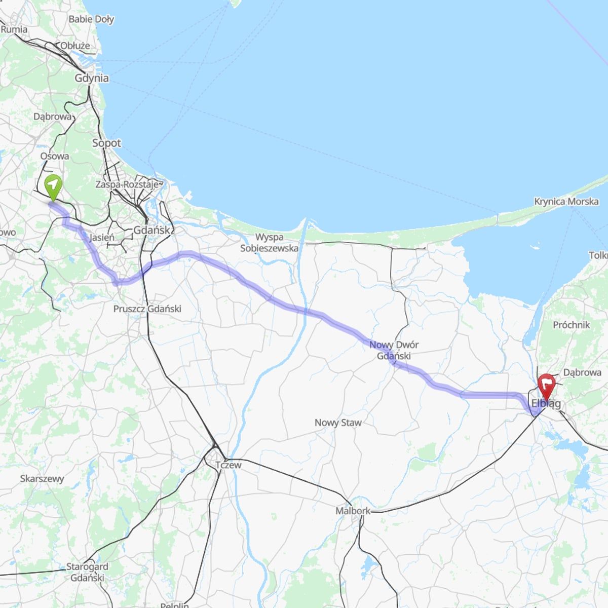 Route map from Elbląg to Gdańsk Airport (GDN)