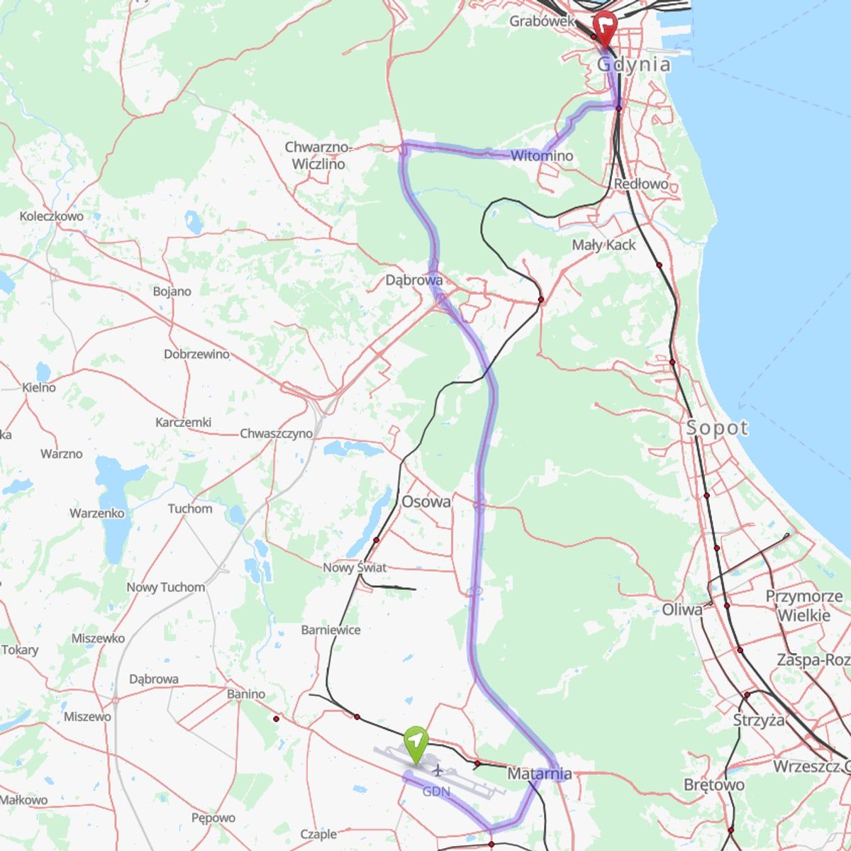 Route map from Gdańsk Airport (GDN) to Gdynia