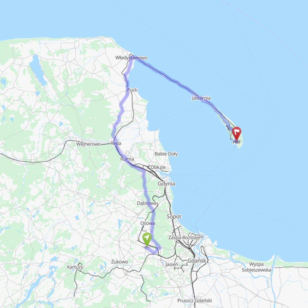 Route map from Gdańsk Airport (GDN) to Hel