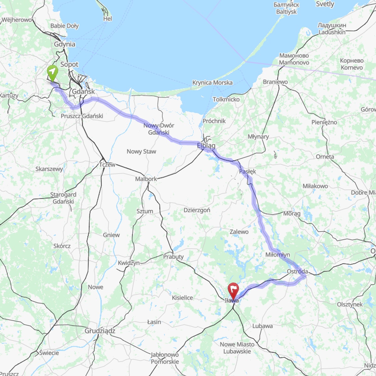 Mapa trasy z Lotnisko Gdańsk (GDN) do Iława