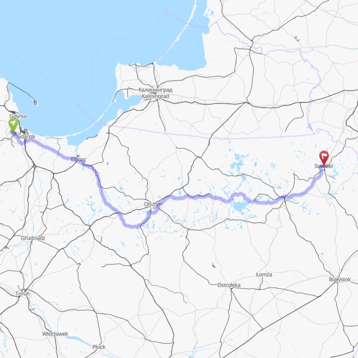 Route map from Gdańsk Airport (GDN) to Kaunas