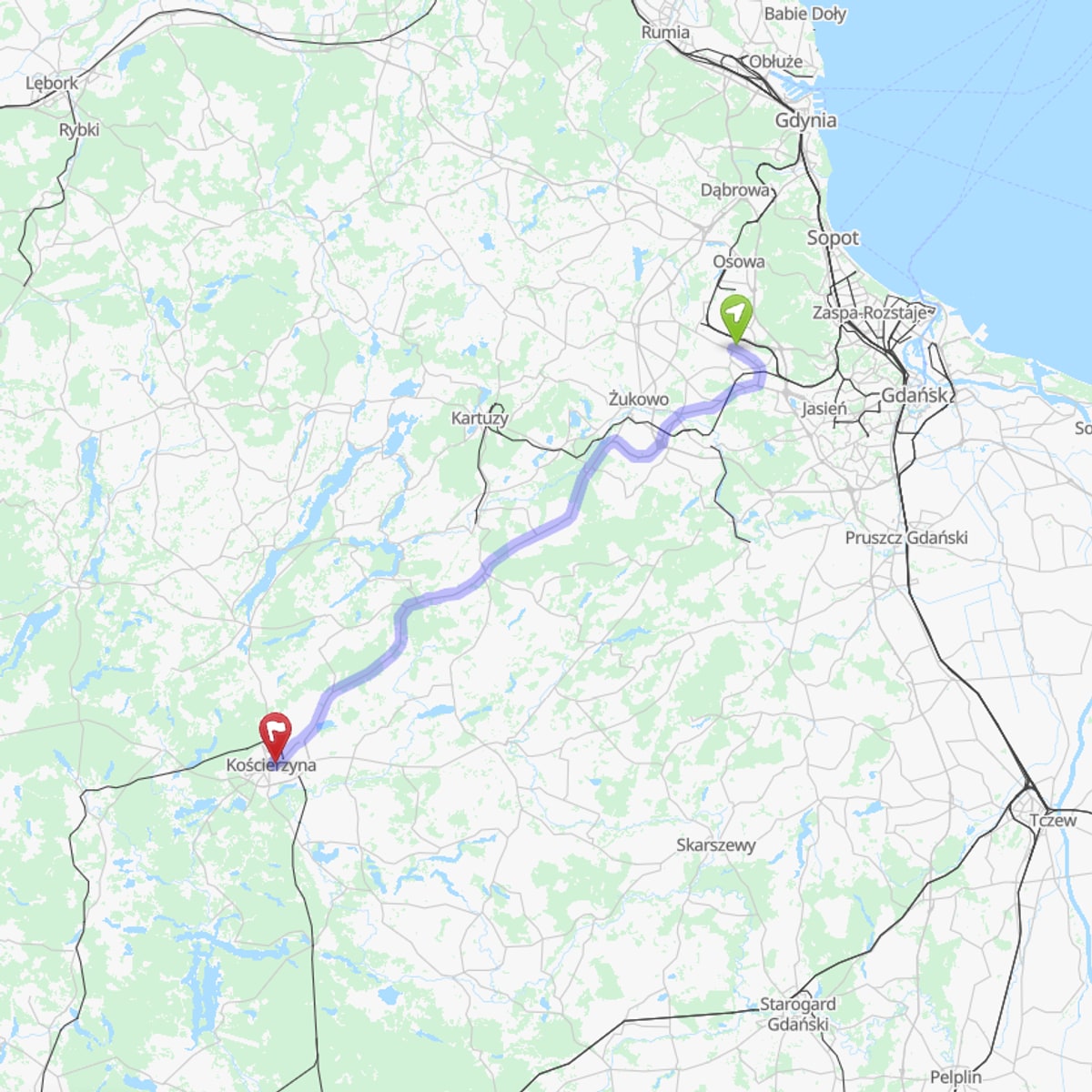 Mapa trasy z Lotnisko Gdańsk (GDN) do Kościerzyna