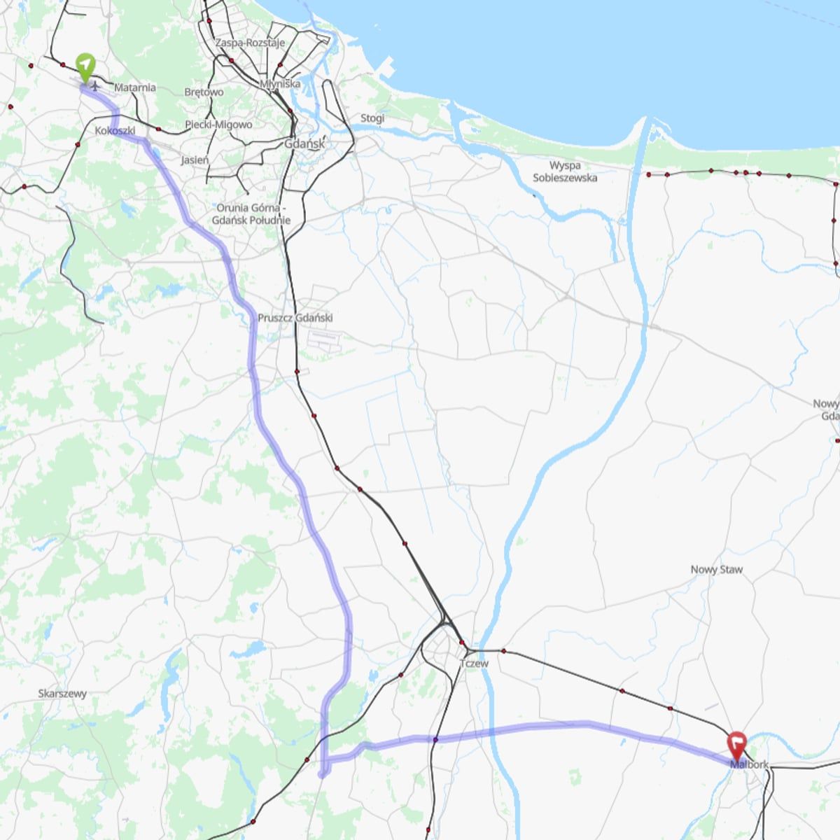 Route map from Gdańsk Airport (GDN) to Malbork