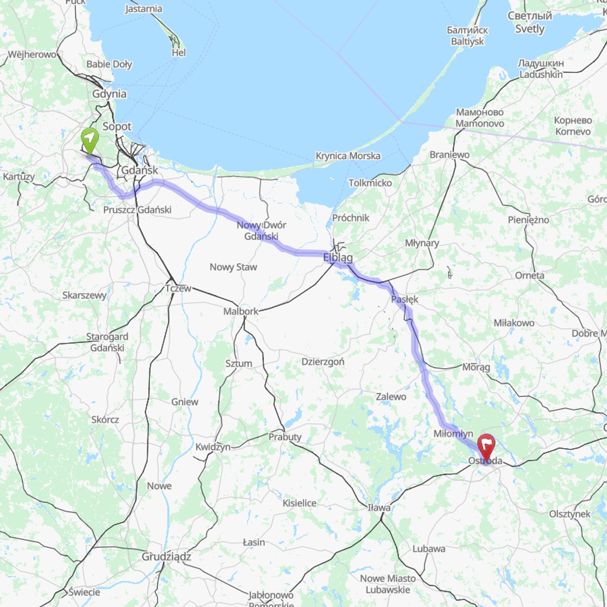 Mapa trasy z Lotnisko Gdańsk (GDN) do Ostróda