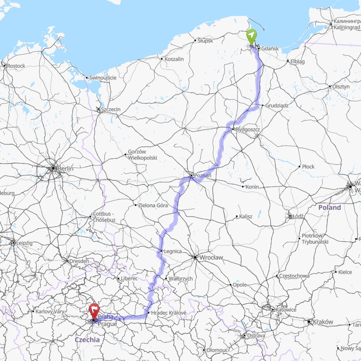 Route map from Gdańsk Airport (GDN) to Prague