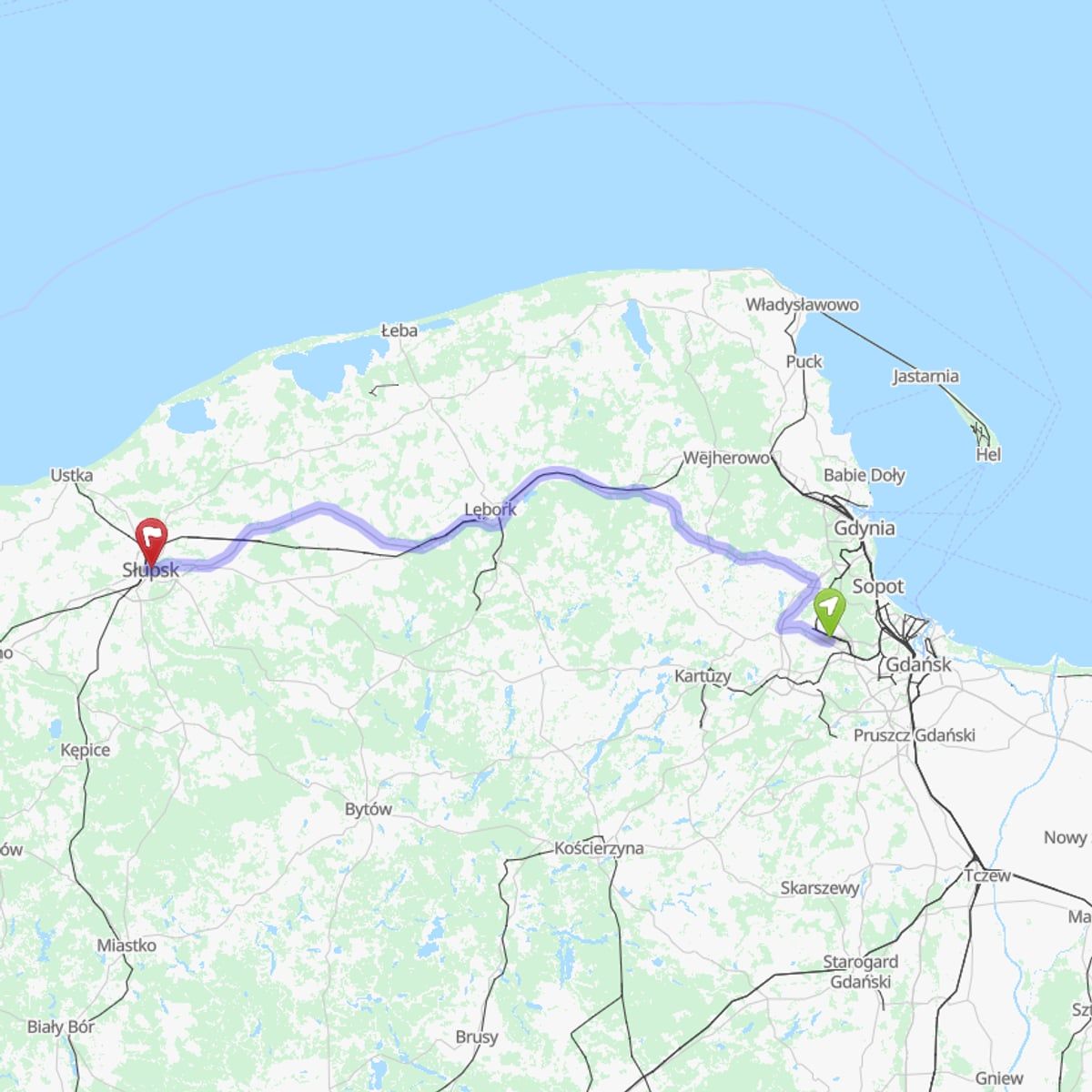 Route map from Gdańsk Airport (GDN) to Słupsk