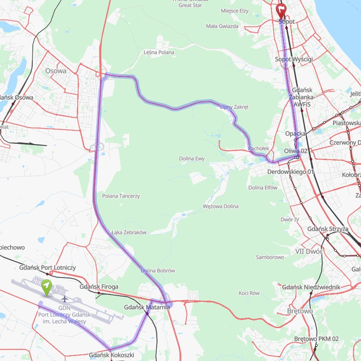 Route map from Gdańsk Airport (GDN) to Sopot