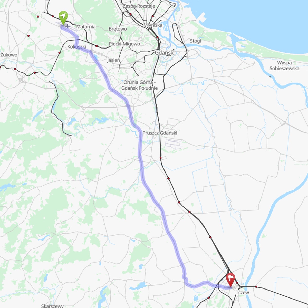 Mapa trasy z Lotnisko Gdańsk (GDN) do Tczew