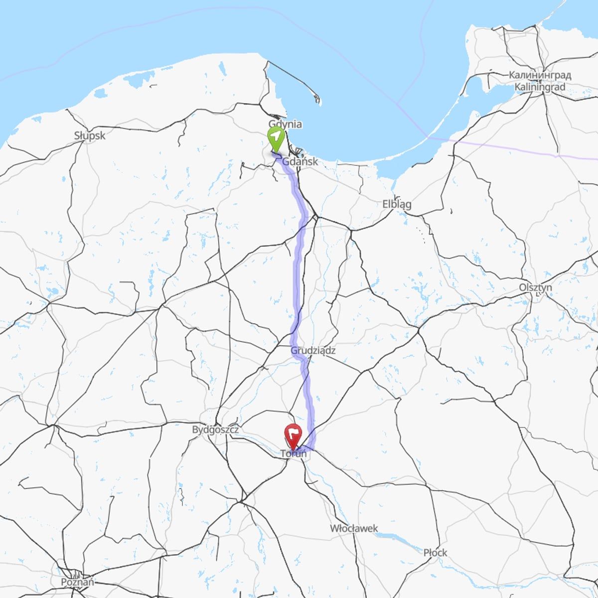 Route map from Gdańsk Airport (GDN) to Toruń
