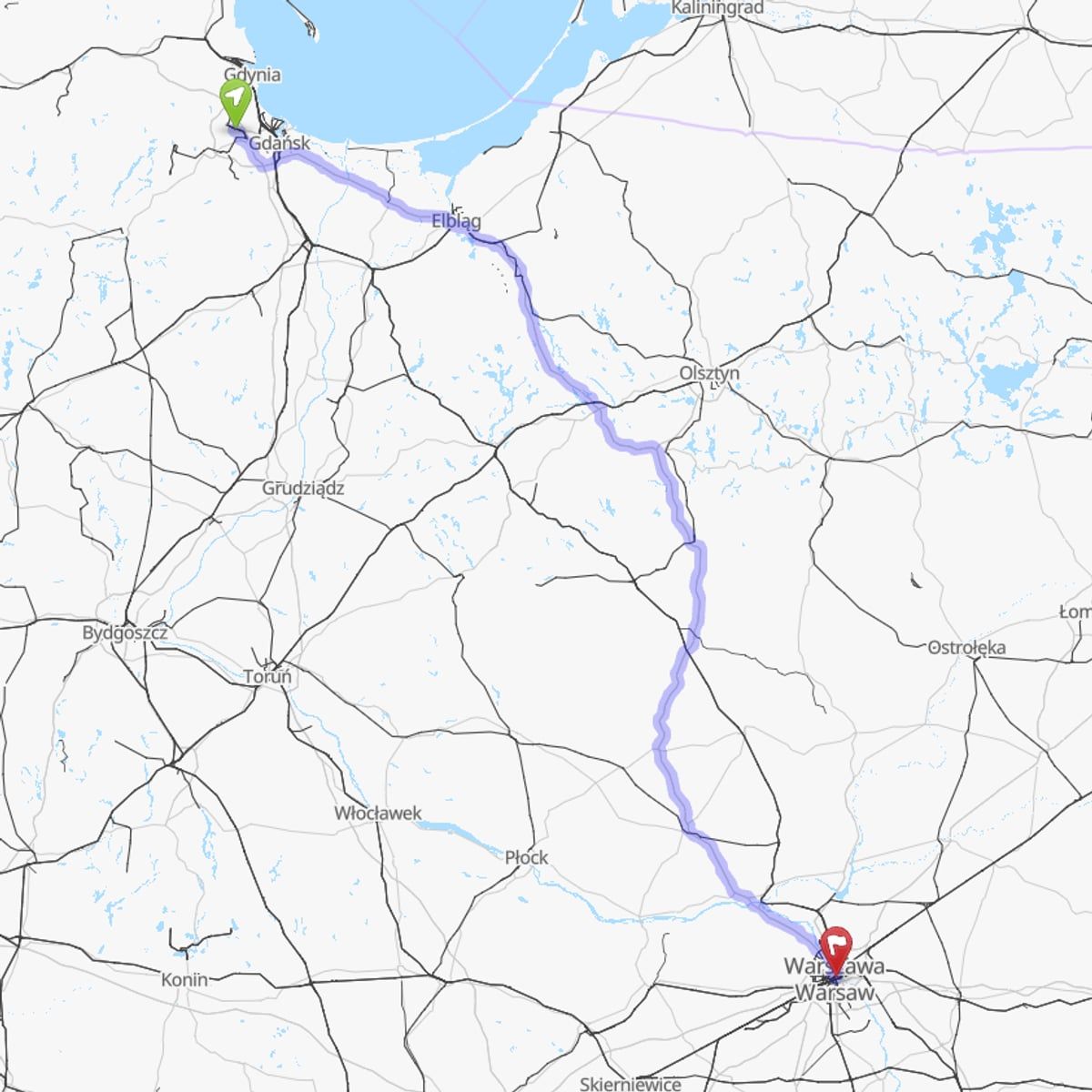 Route map from Gdańsk Airport (GDN) to Warsaw