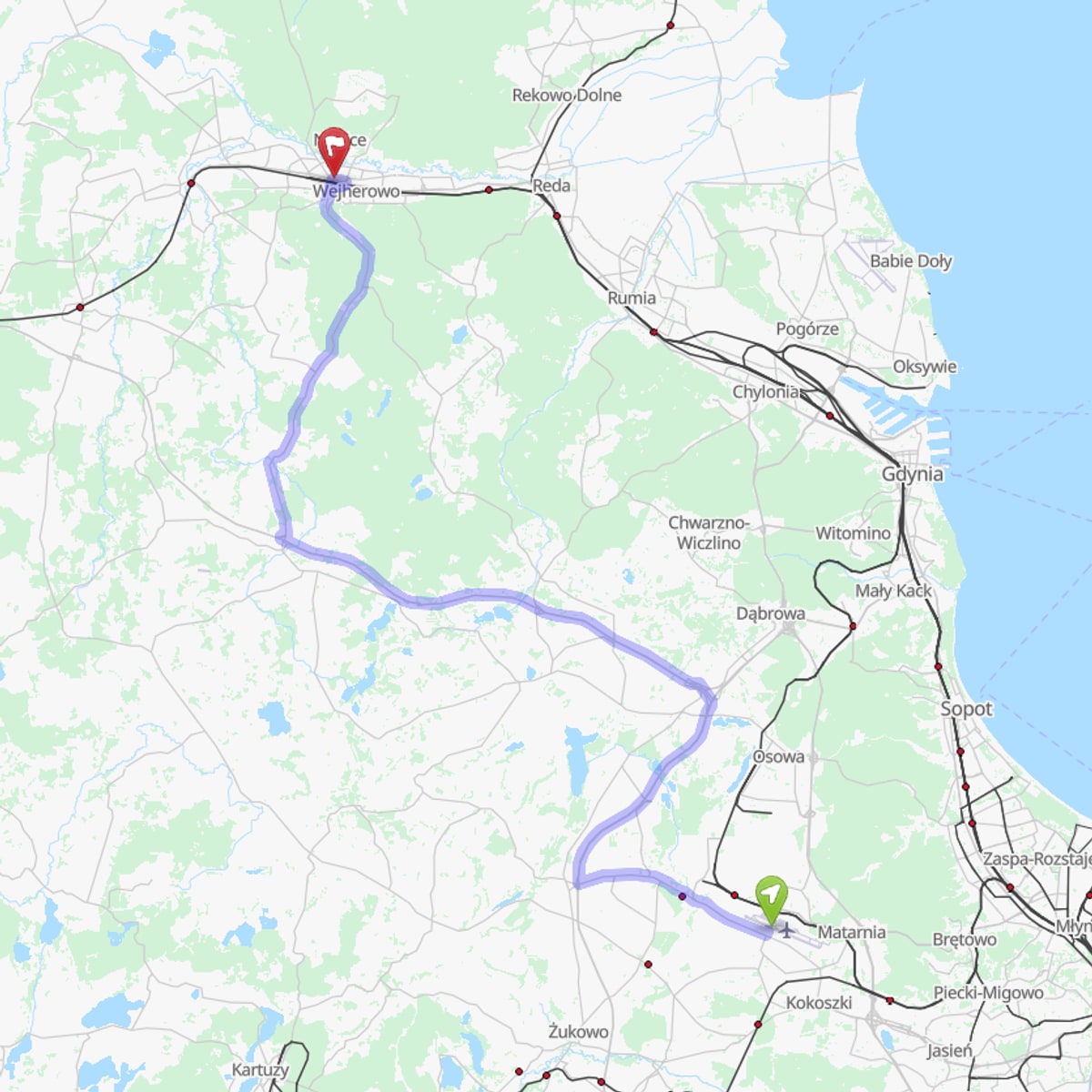 Route map from Gdańsk Airport (GDN) to Wejherowo