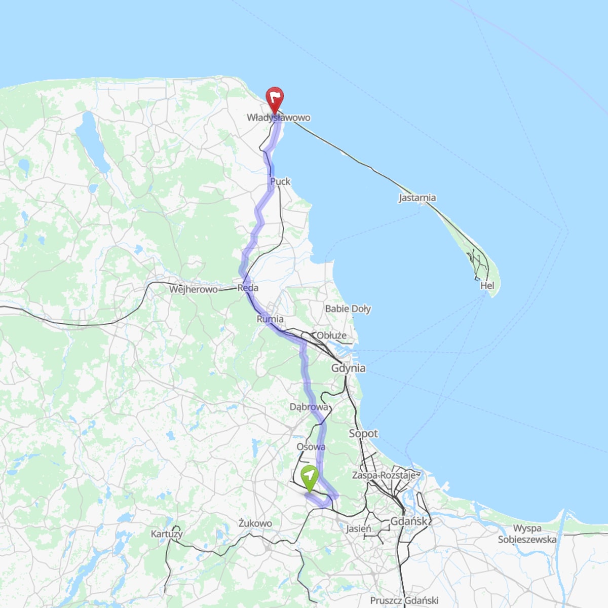 Route map from Gdańsk Airport (GDN) to Władysławowo