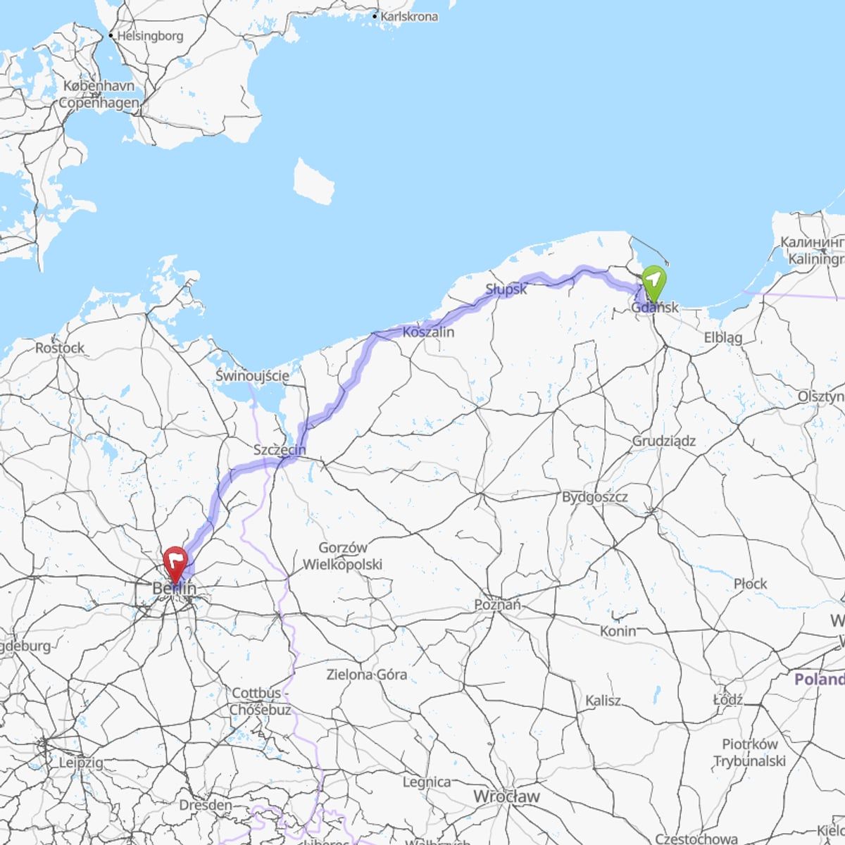Route map from Gdańsk to Berlin