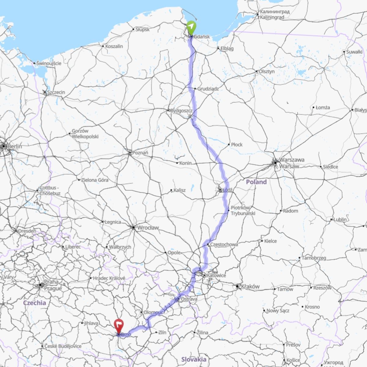 Route map from Gdańsk to Brno