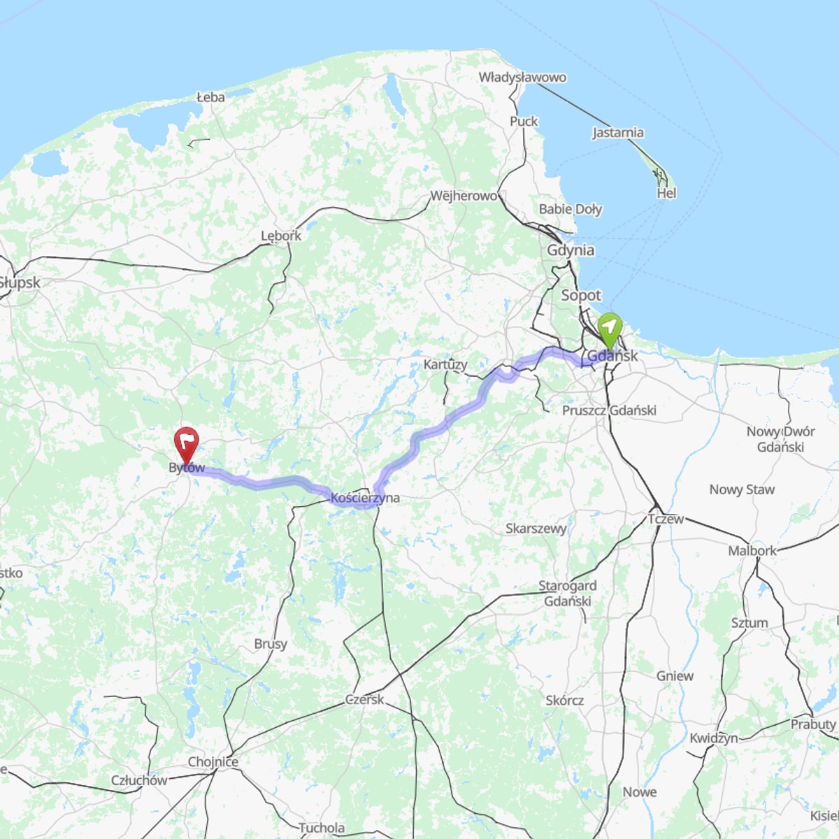 Route map from Bytów to Gdańsk