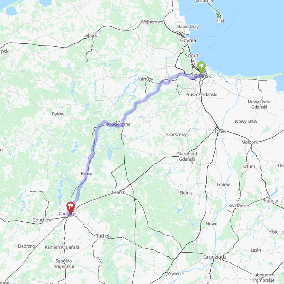 Route map from Gdańsk to Chojnice