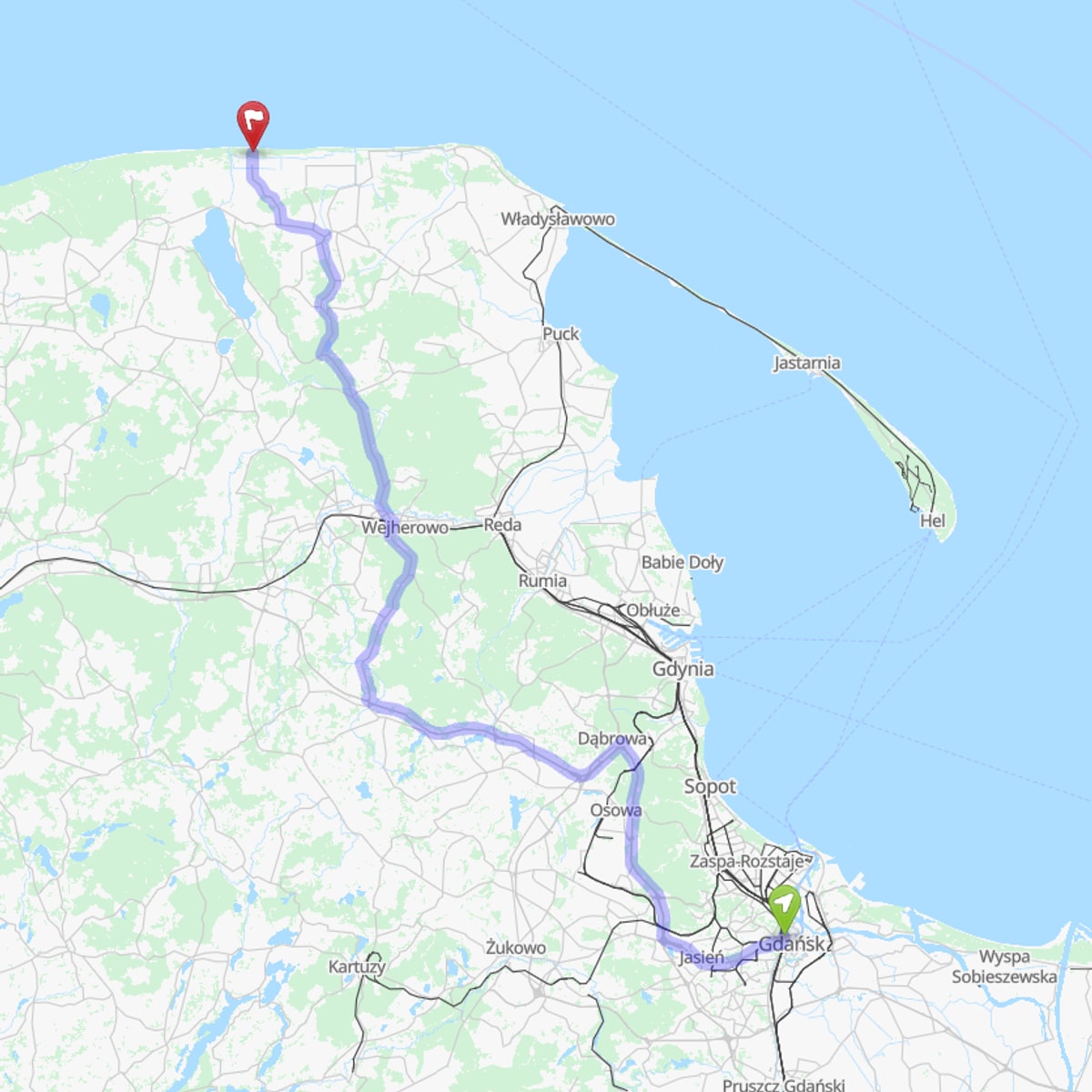 Route map from Dębki to Gdańsk