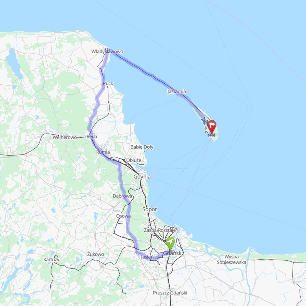 Route map from Gdańsk to Hel