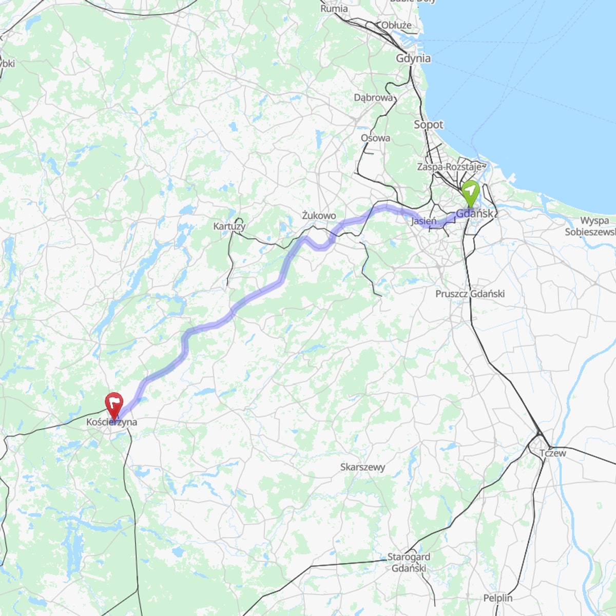 Route map from Gdańsk to Kościerzyna