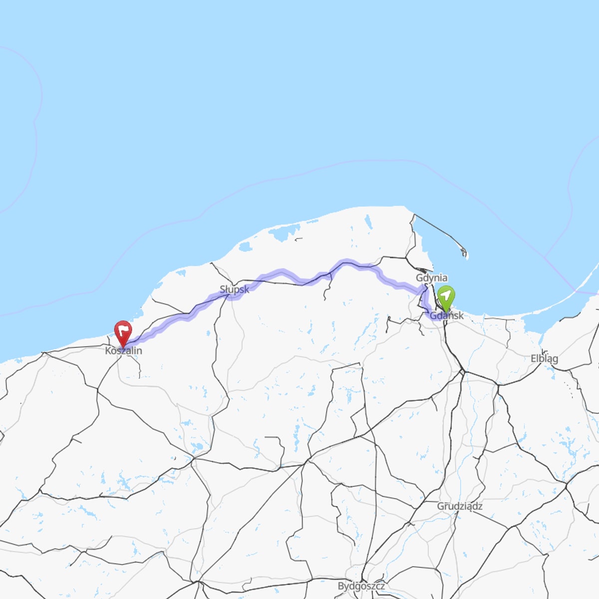 Mapa trasy z Gdańsk do Koszalin
