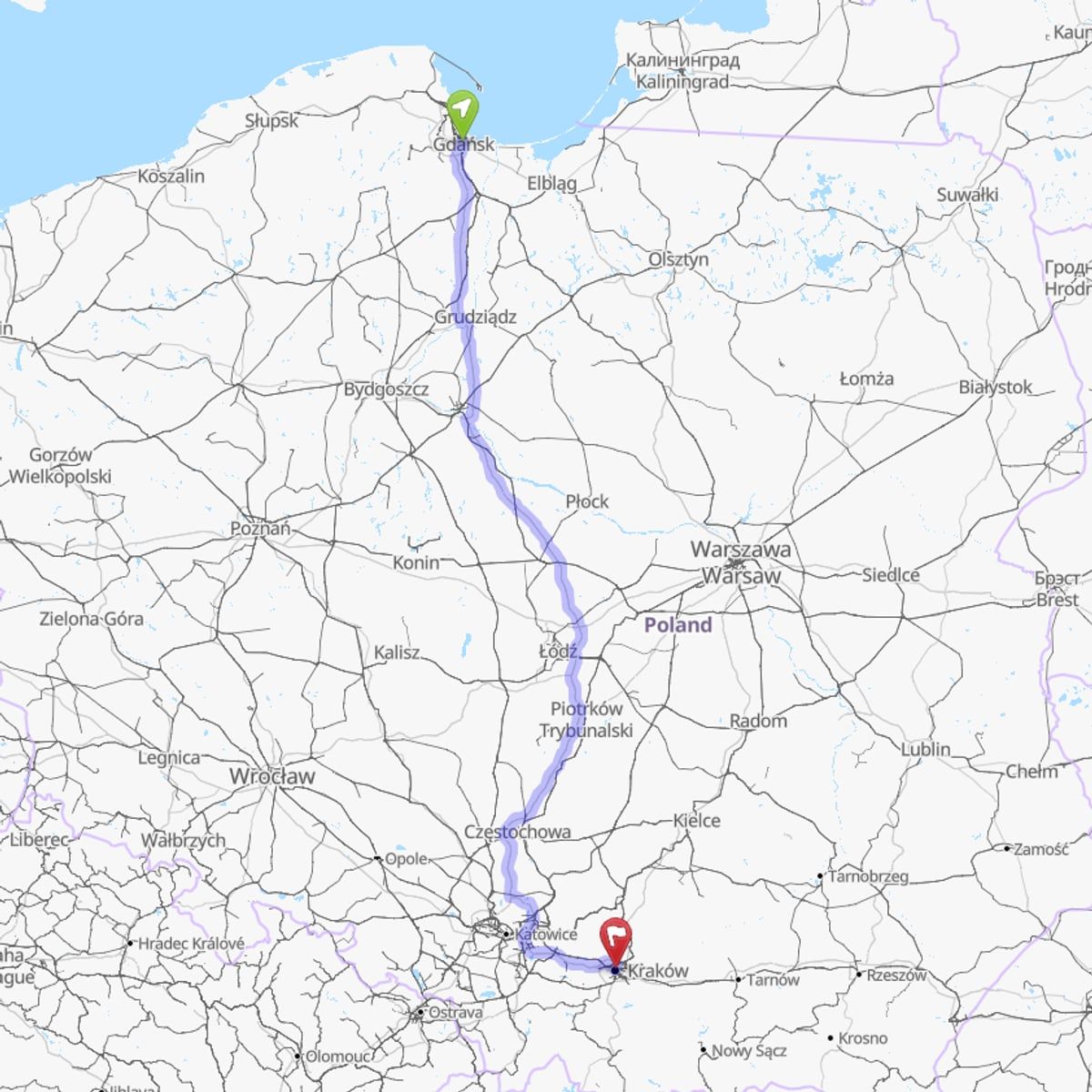 Route map from Gdańsk to Kraków