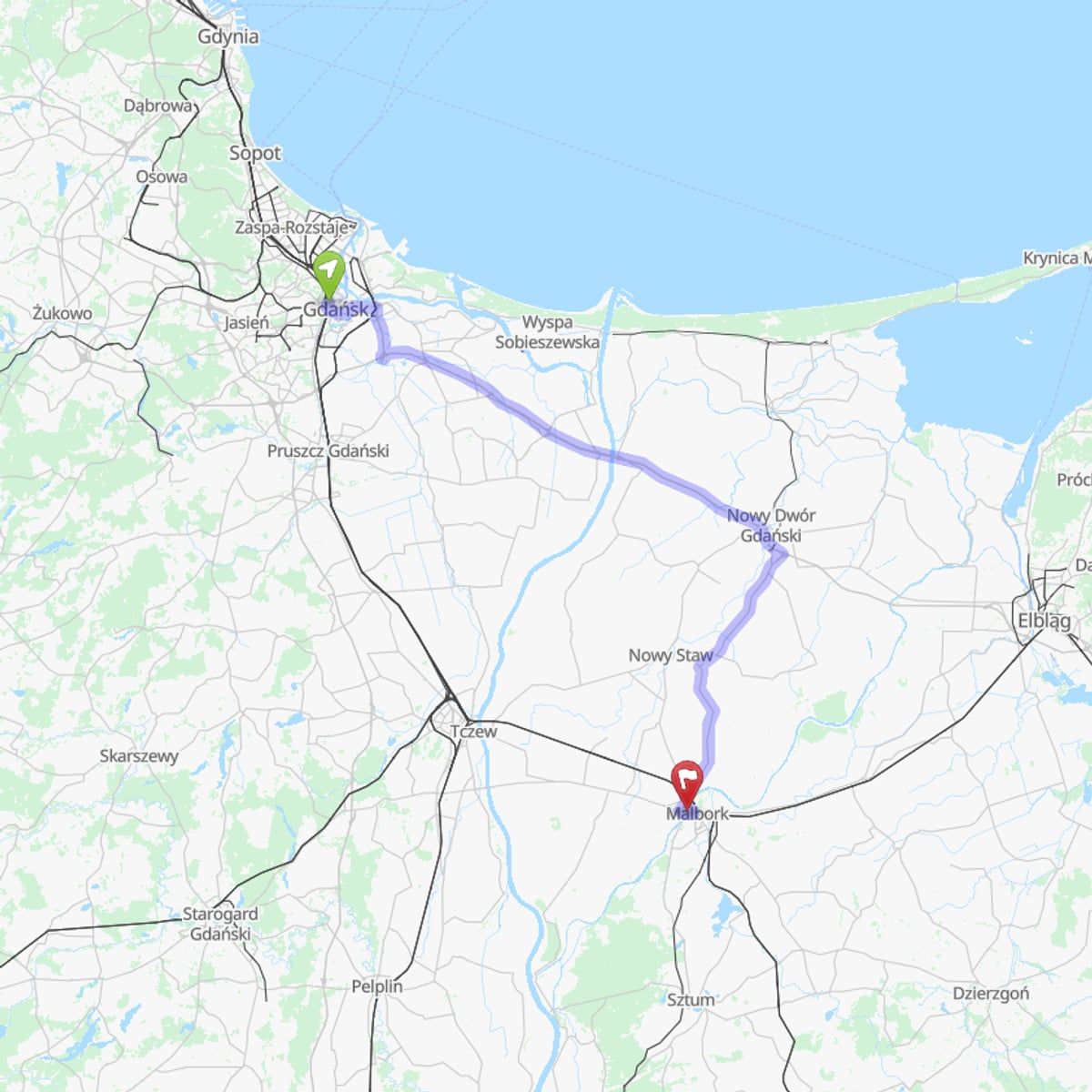 Route map from Gdańsk to Malbork
