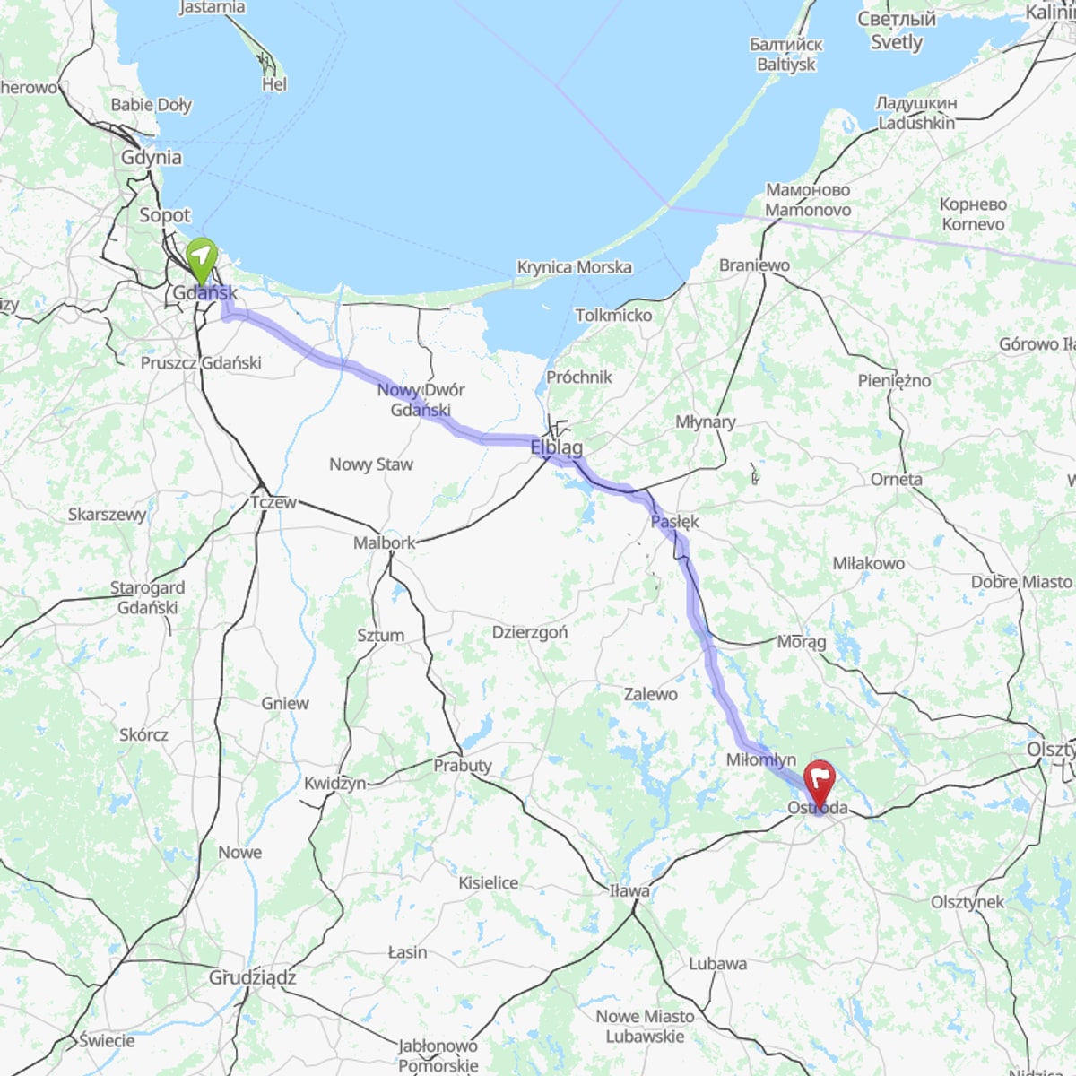 Route map from Gdańsk to Ostróda