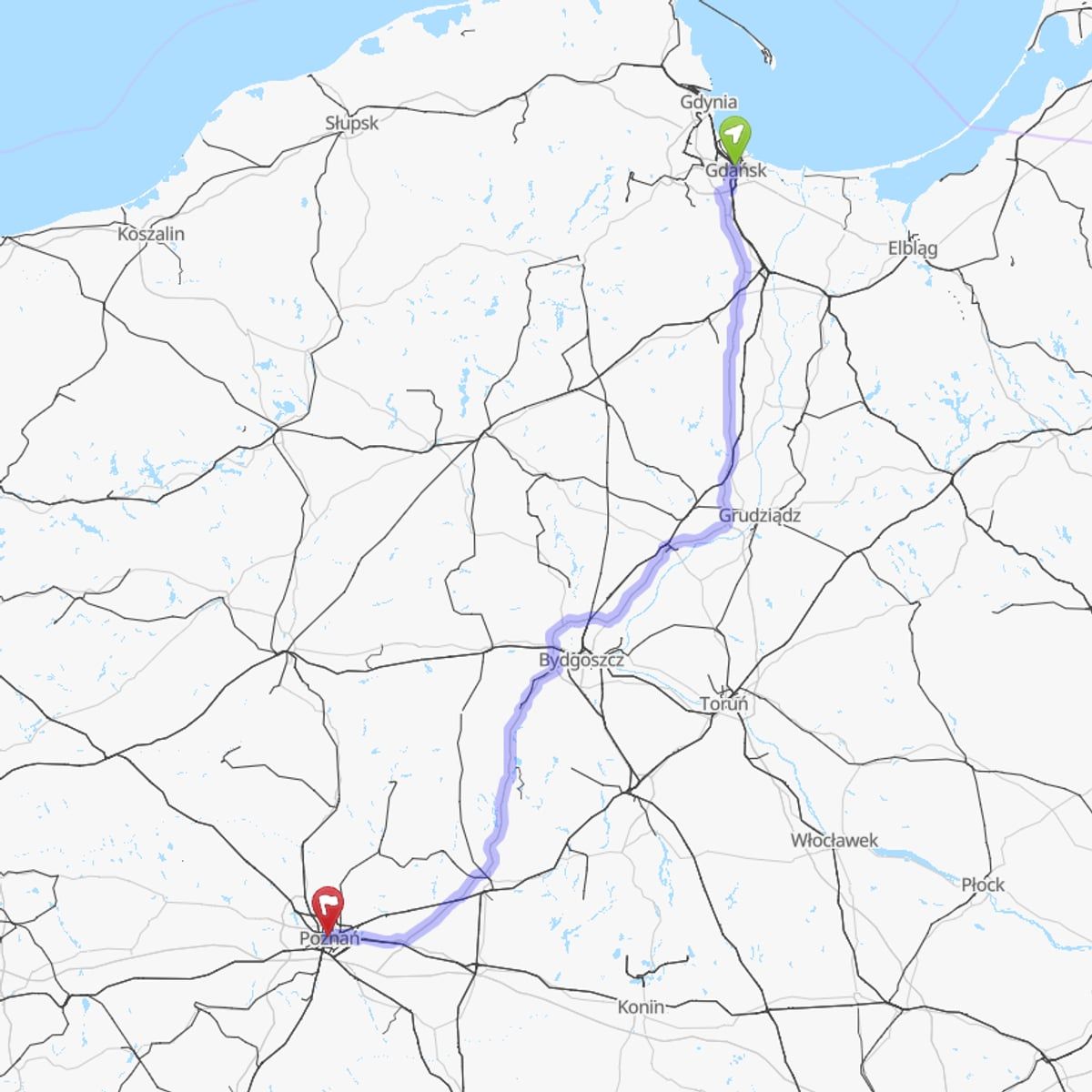 Route map from Gdańsk to Poznań