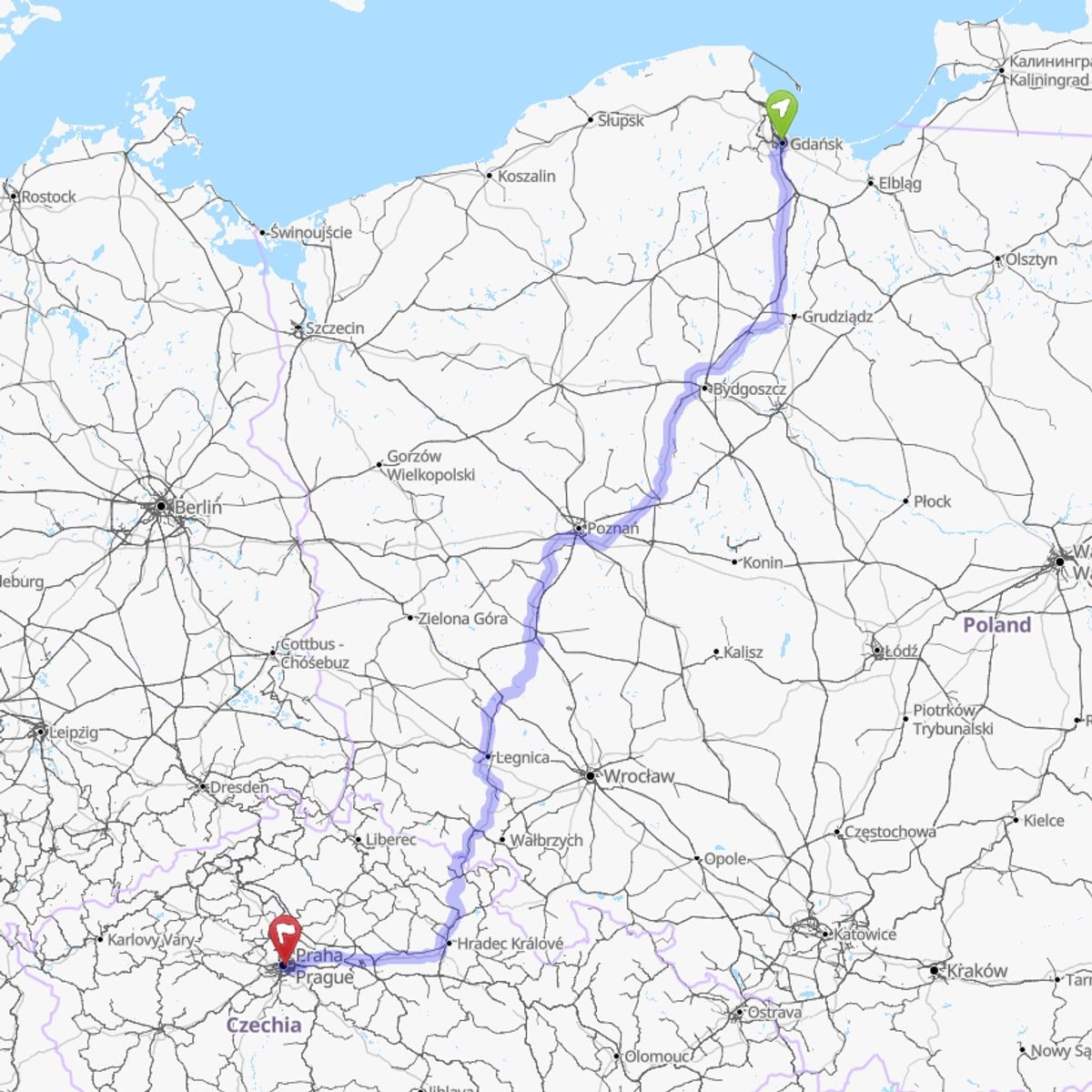 Route map from Gdańsk to Prague