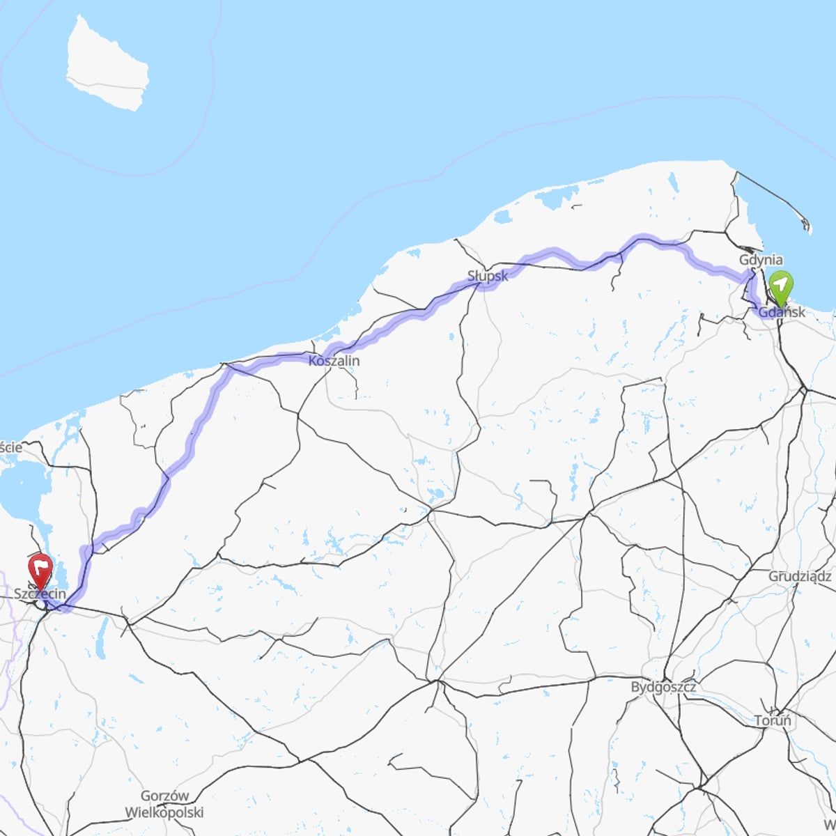 Route map from Gdańsk to Szczecin