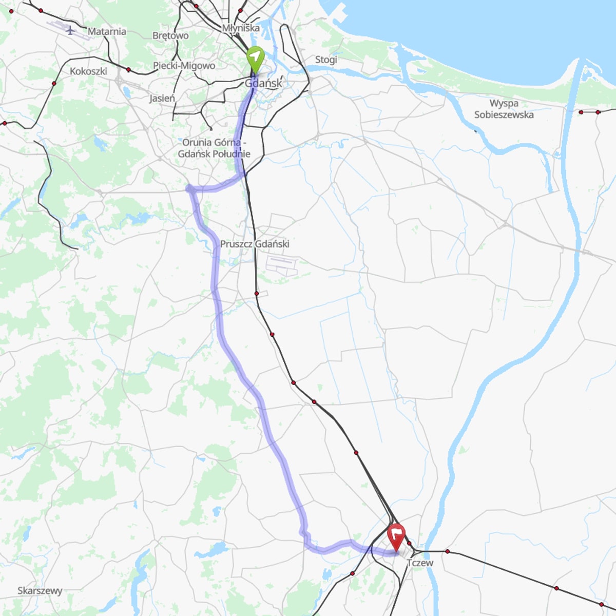 Route map from Gdańsk to Tczew