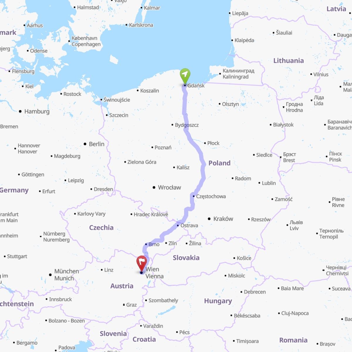 Route map from Gdańsk to Vienna