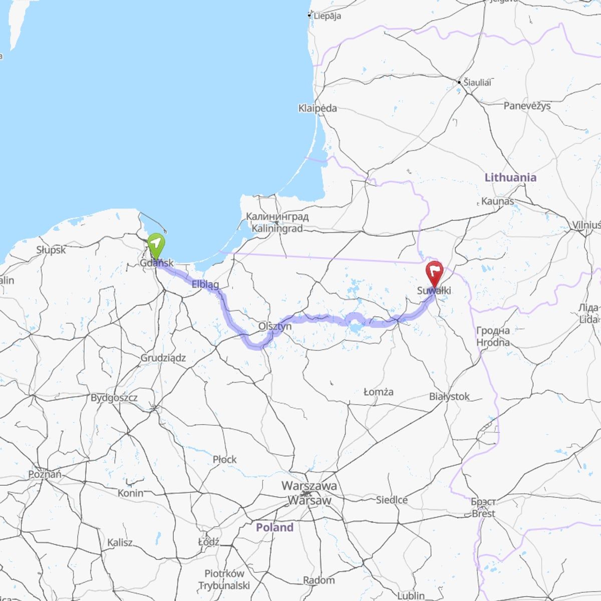Route map from Gdańsk to Vilnius
