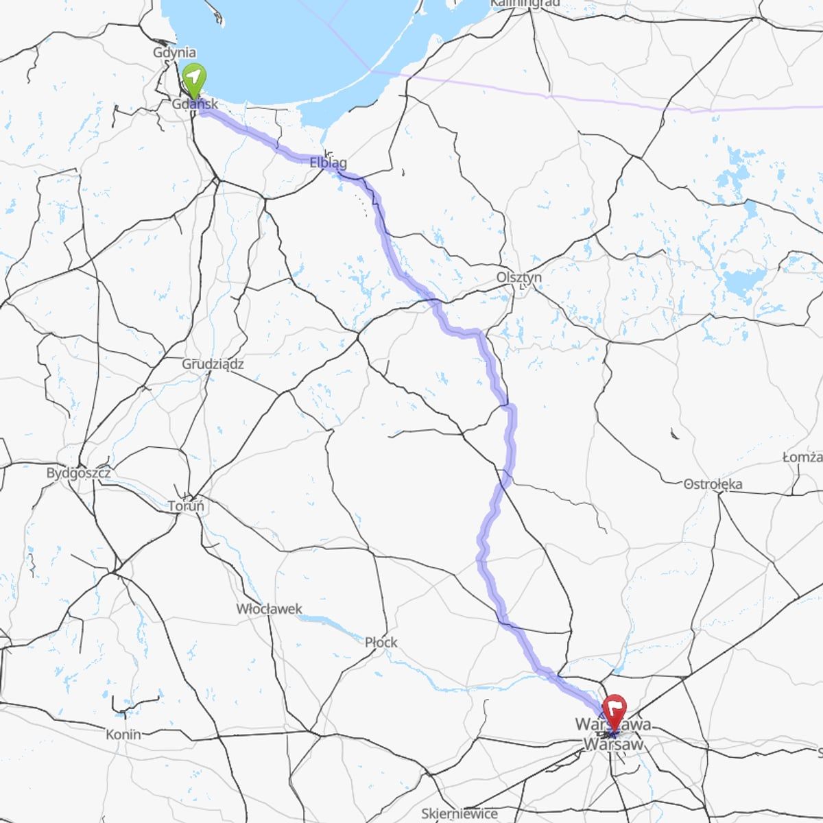 Route map from Warsaw to Gdańsk