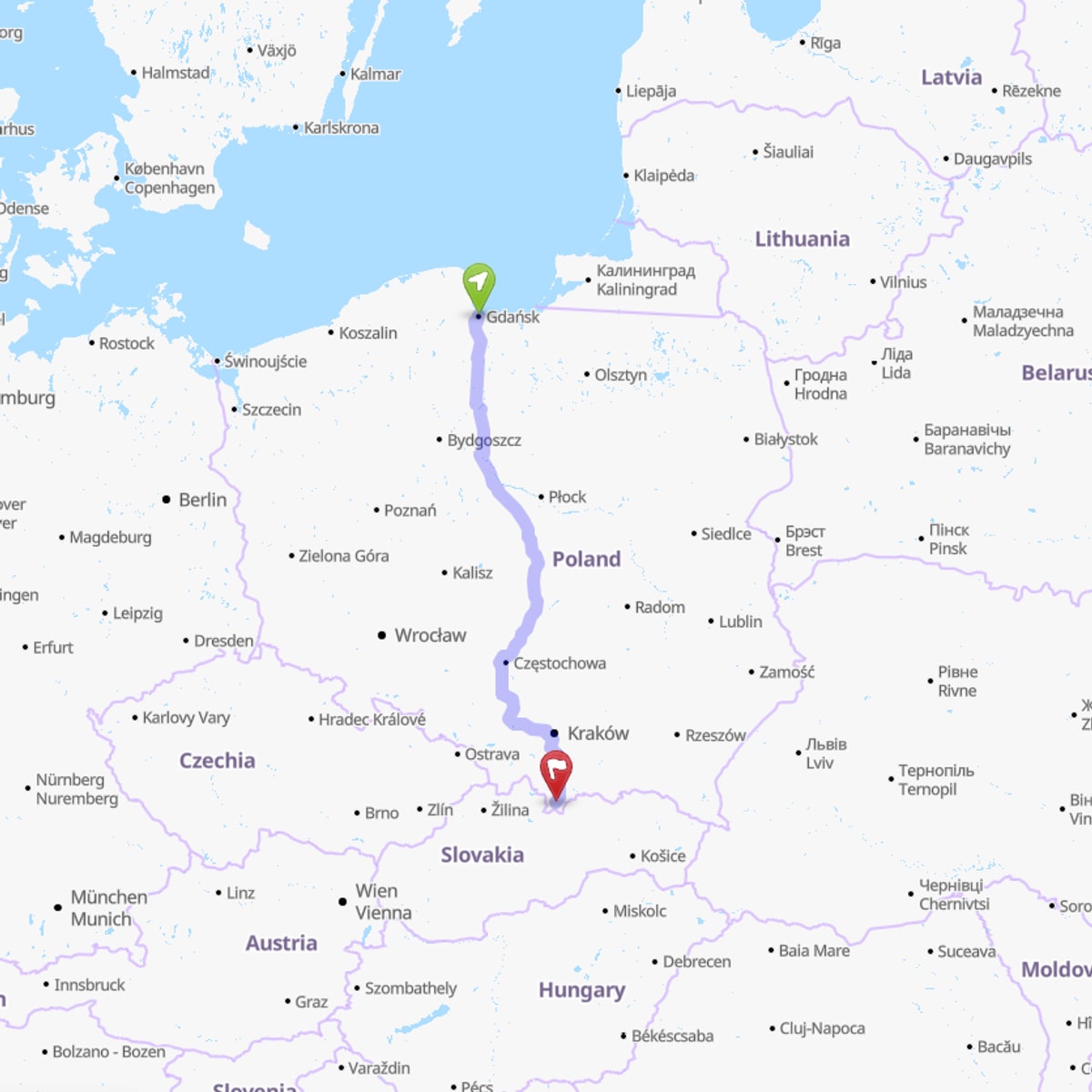 Route map from Gdańsk to Zakopane